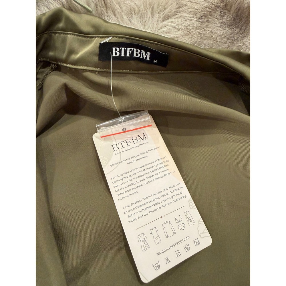BTFBM Women Olive Green Satin Long Sleeve Button Down Tie Waist Midi Shirt Dress - Picture 6 of 6